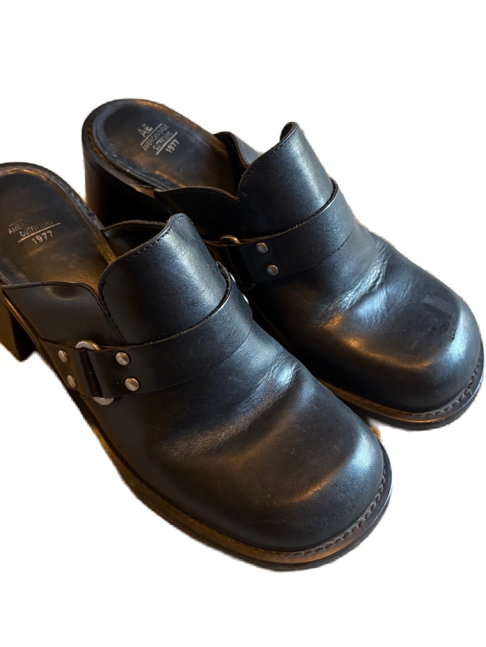 Vintage American Eagle Outfitters Black Leather Clog Mules Sz 9 Leather Y2K 90s